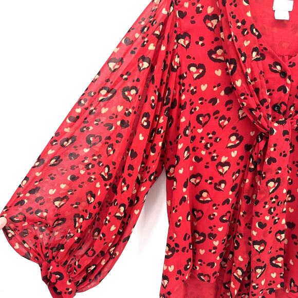 Chico's Blouse Womens Medium Red Heart Leopard Print Button Up Shirt Tie Front - Picture 5 of 10